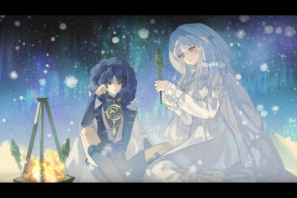 scaramouche (genshin impact), genshin impact, original, artist request, commission, second-party source, 1boy, 1girl, armor, aurora, belt, black bodysuit, black eyes, black hair, black kimono, blunt ends, bodysuit, bonfire, bow, clenched hand, closed mouth, coat, commissioner insert, couple, cross-laced clothes, cross-laced dress, dress, elbow on knee, eyeliner, eyeshadow, fatui coat, fire, fish, frilled bow, frilled dress, frills, fur-trimmed hood, fur trim, gold, hand up, hayami momo (hayamimomo), hetero, holding, holding skewer, hood, hood up, japanese armor, japanese clothes, jewelry, juban, kimono, kote, kurokote, lapels, large bow, layered sleeves, long hair, long sidelocks, long sleeves, looking at another, looking at food, makeup, mandarin collar, mitsudomoe (shape), neck ring, night, night sky, open clothes, open coat, open kimono, outdoors, parted bangs, pink eyes, purple sash, red eyeliner, red eyeshadow, red kimono, red sash, sash, seiza, sidelocks, simple background, sitting, skewer, sky, snowing, tomoe (symbol), tsurime, veil, watermark, watermark grid, white belt, white bow, white coat, white dress, white hair, white hood, white kimono, white sleeve cuffs, white sleeves, white veil