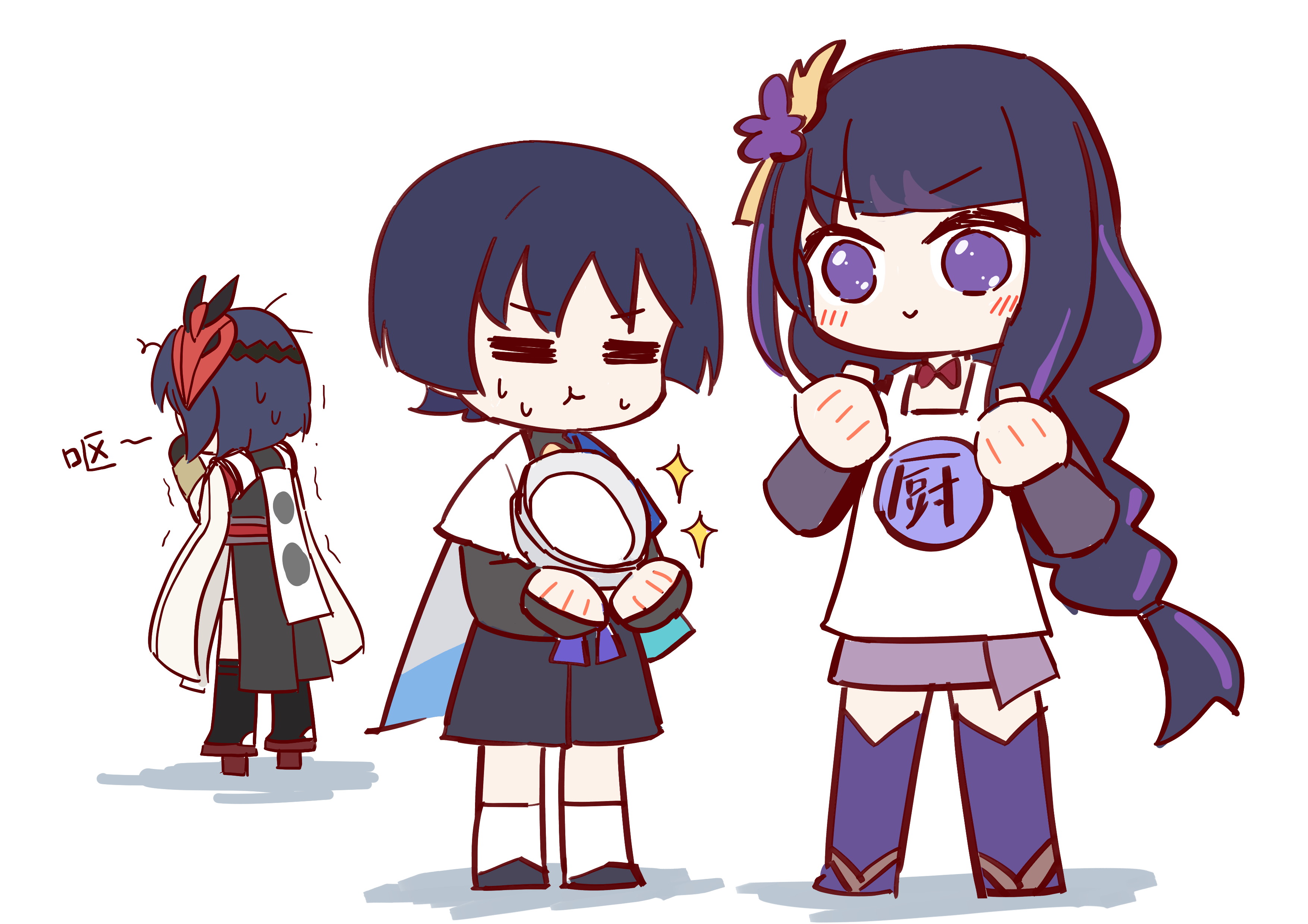 mzxiaxi, kujou sara, raiden shogun, scaramouche (genshin impact), wanderer (genshin impact), genshin impact, absurdres, highres, 1boy, 2girls, :>, :t, = =, apron, black bridal gauntlets, black hair, black shoes, black shorts, black skirt, black socks, blunt bangs, blunt ends, blush, bow, bowtie, bridal gauntlets, brown sandals, clenched hands, flower, full body, furisode, geta, hair flower, hair ornament, hands up, happy, height difference, holding, holding plate, japanese clothes, kimono, long hair, long skirt, looking at another, low-braided long hair, low-tied long hair, mask, mask on head, mother and son, multicolored hair, multiple girls, nervous, nervous sweating, plate, purple eyes, purple flower, purple hair, purple skirt, purple thighhighs, red bow, red bowtie, red mask, sandals, shoes, short sleeves, shorts, skirt, smile, socks, standing, streaked hair, sweat, tareme, tengu-geta, tengu mask, thighhighs, trembling, white apron, white sleeves, white socks