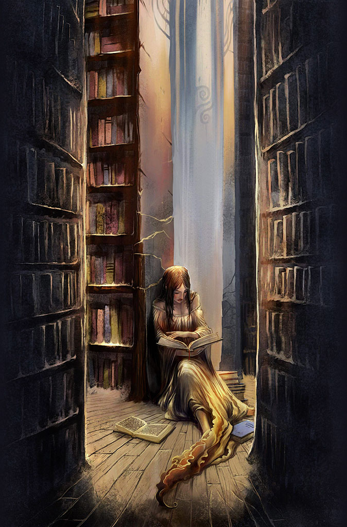breathing2004, 1girl, bare shoulders, book, breath, brown hair, dress, library, open book, reading, realistic, sitting