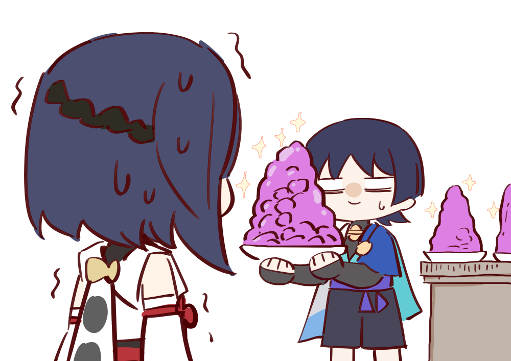 mzxiaxi, kujou sara, scaramouche (genshin impact), wanderer (genshin impact), genshin impact, 1boy, 1girl, arms at sides, black bodysuit, black bridal gauntlets, black hair, black shorts, blank eyes, blue cape, blue kimono, blunt ends, bodysuit, bridal gauntlets, cape, detached sleeves, food, furisode, holding, holding plate, japanese clothes, juban, kimono, looking at another, nervous sweating, plate, purple sash, sash, shorts, smile, sparkle, sweat, sweatdrop, trembling, white kimono, white sleeves
