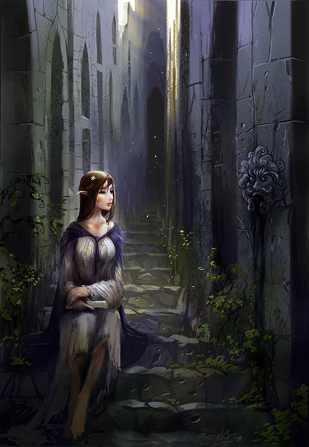 breathing2004, 1girl, breath, brown hair, cape, dress, elf, fantasy, female focus, light rays, long hair, pointy ears, scenery, scroll, sitting, solo, stairs, sunbeam, sunlight