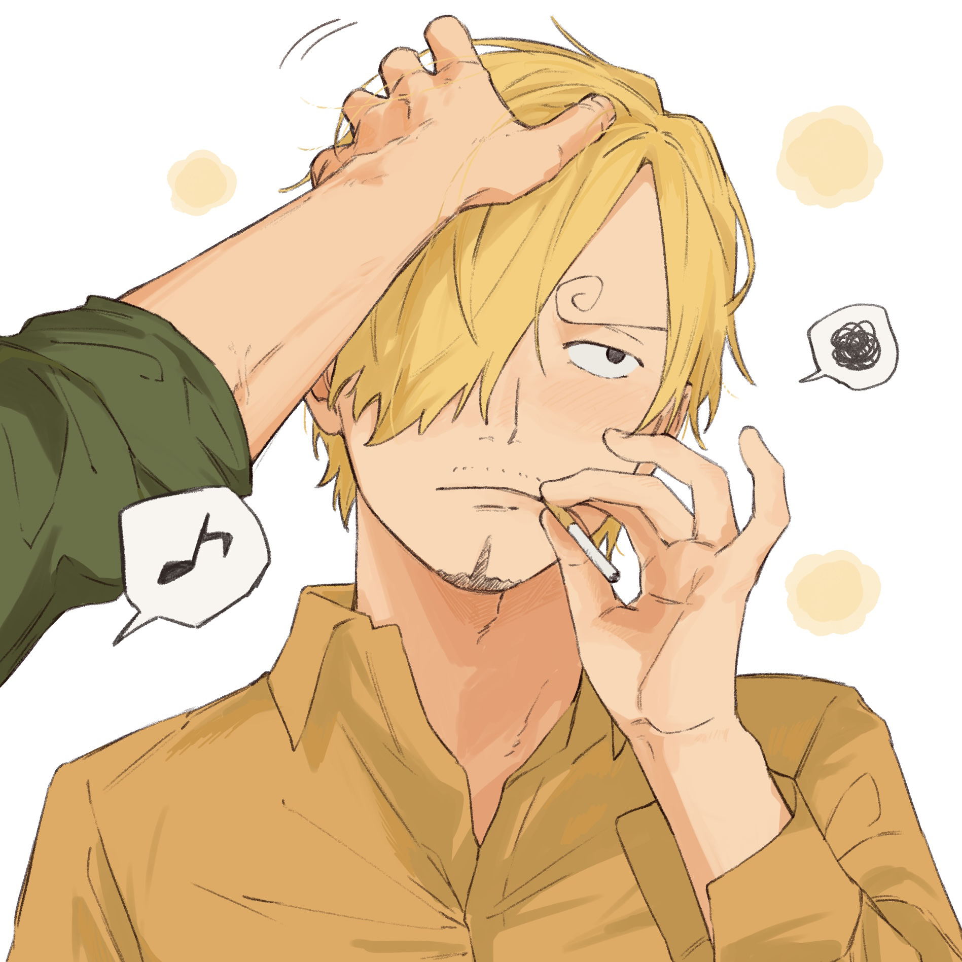 iqracha, roronoa zoro, sanji (one piece), one piece, commentary, highres, 1boy, annoyed, blonde hair, cigarette, curly eyebrows, facial hair, goatee, hair over one eye, male focus, musical note, mustache stubble, shirt, short hair, smoking, solo focus, speech bubble, spoken musical note, spoken squiggle, squiggle, stubble, upper body, white background, yellow shirt