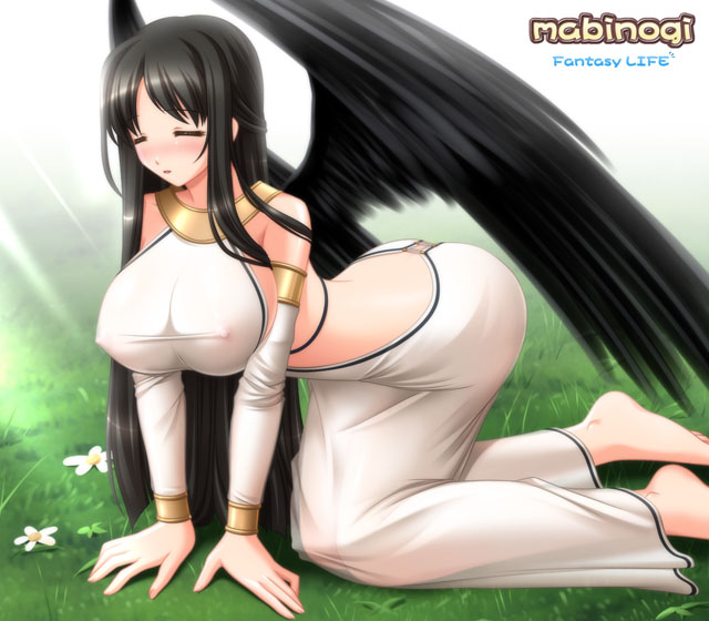 kafu (logaemon), morrighan, mabinogi, 1girl, barefoot, black hair, breasts, closed eyes, copyright name, detached sleeves, female focus, half updo, huge breasts, see-through clothes, sideboob, solo, wings, wins