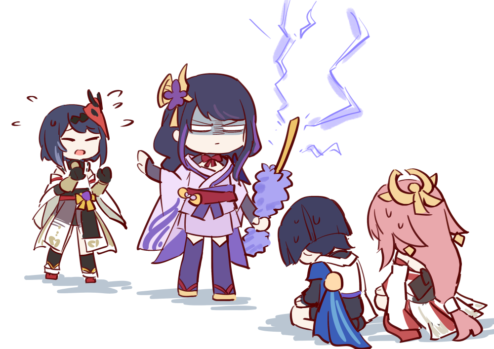 mzxiaxi, kujou sara, raiden shogun, scaramouche (genshin impact), wanderer (genshin impact), yae miko, genshin impact, 1boy, 3girls, arm guards, black bodysuit, black bow, black bridal gauntlets, black gloves, black hair, black shorts, black shrug, black socks, blank eyes, blue cape, blunt ends, bodysuit, bow, bridal gauntlets, cape, closed eyes, closed mouth, detached sleeves, duster, earrings, facing another, flower, flying sweatdrops, full body, geta, glaring, gloves, hair flower, hair ornament, hair tie, hand on own thigh, hands up, head down, head ornament, holding, holding duster, japanese clothes, jewelry, kimono, looking at another, multicolored hair, multiple girls, nontraditional miko, obi, open hands, open mouth, pink hair, pink kimono, purple flower, purple hair, purple lightning, purple sash, purple thighhighs, red sash, sash, scolding, seiza, shaded face, shorts, shrug (clothing), sidelocks, sitting, skirt, socks, standing, streaked hair, sweatdrop, swept bangs, tengu-geta, thighhighs, white background, white kimono, white skirt, white sleeves, wide sleeves, yellow bow