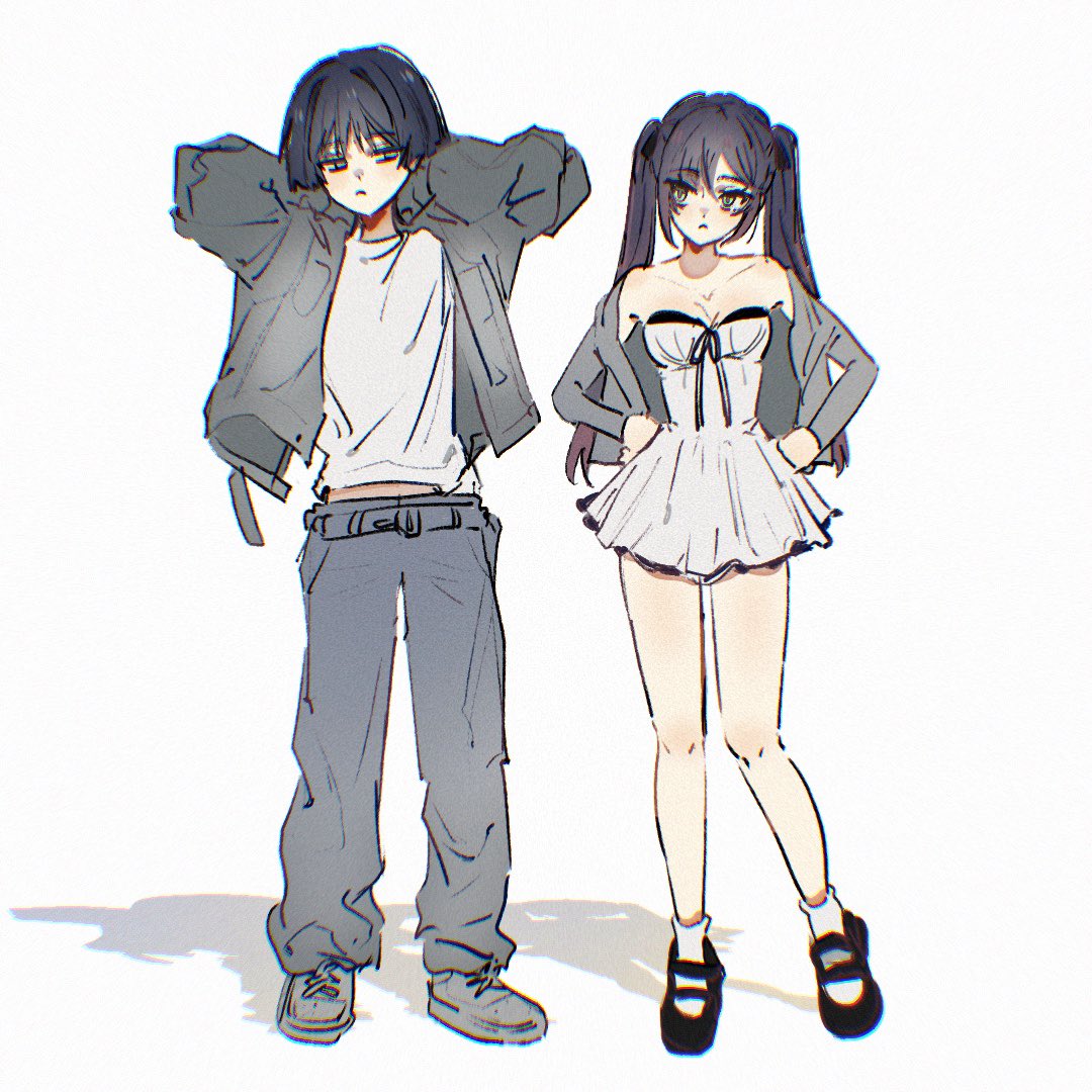 ysnden, mona (genshin impact), scaramouche (genshin impact), genshin impact, 1boy, 1girl, alternate costume, aqua eyes, arms behind head, baggy clothes, baggy pants, bare shoulders, black hair, black shoes, blunt ends, breasts, casual, cleavage, clenched hands, closed mouth, collarbone, contemporary, dress, empty eyes, front-tie top, full body, grey eyes, grey jacket, grey pants, grey shoes, grey sleeves, hair between eyes, hair intakes, hair tie, hands on own hips, jacket, long hair, long sleeves, looking at another, mary janes, medium breasts, midriff peek, off shoulder, open clothes, open jacket, pants, parted bangs, pleated dress, shadow, shirt, shoes, sideways glance, sketch, socks, strapless, strapless dress, twintails, undershirt, white background, white dress, white shirt, white socks