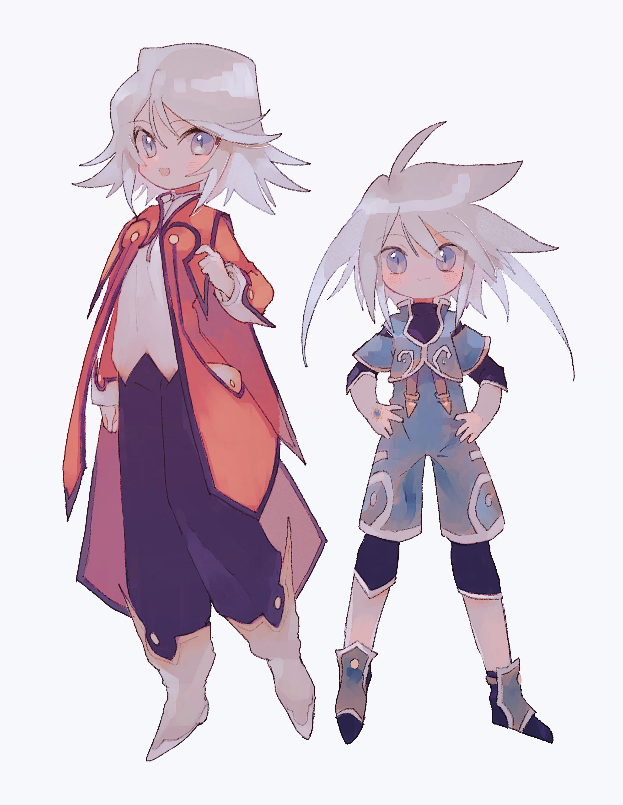 nancykittyu, genius sage, raine sage, tales of (series), tales of symphonia, absurdres, highres, black pants, black shirt, black trim, blue eyes, blue jacket, blue shoes, blue shorts, boots, coat, cropped jacket, hands on own hips, jacket, light blush, long bangs, looking at viewer, open mouth, orange coat, pants, shirt, shoes, shorts, sidelocks, simple background, sleeve cuffs, smile, swept bangs, undershirt, white background, white boots, white hair, white shirt