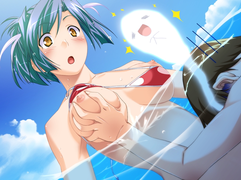 kuuchuu yousai, jordh, kawakami kousuke, megachu!, game cg, 00s, 1boy, 1girl, :d, :o, = =, asphyxiation, assisted exposure, bikini, bikini pull, bikini top lift, blue hair, blush, breasts, brown hair, clothes lift, clothes pull, cloud, day, death, drowning, dutch angle, embarrassed, ghost, giving up the ghost, grabbing another's breast, groping, head wings, hetero, large breasts, nipples, open mouth, outdoors, own hands clasped, own hands together, partially submerged, partially underwater shot, polka dot, polka dot bikini, polka dot swimsuit, ponytail, public indecency, public nudity, red bikini, short hair, sky, smile, sparkle, submerged, surprised, swimsuit, underboob, underwater, water, wet, wet hair, wings, yellow eyes
