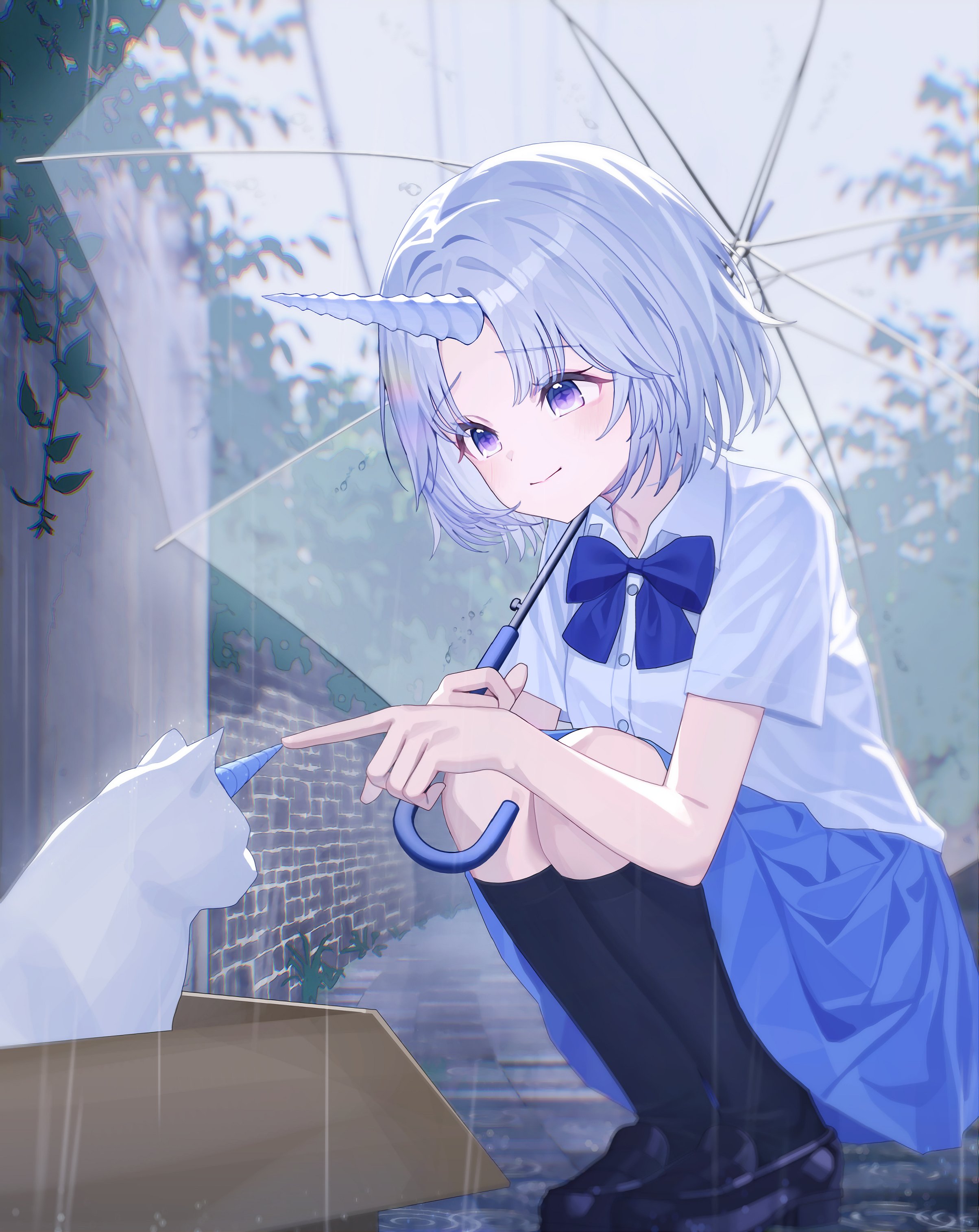 yioro, ayatsuno yuni, stellive, absurdres, highres, 1girl, animal, black shoes, black socks, blue bow, blue bowtie, blue skirt, bow, bowtie, box, buttons, cardboard box, cat, closed mouth, collared shirt, day, full body, grey hair, holding, holding umbrella, kneehighs, looking at animal, outdoors, outstretched hand, pleated skirt, purple eyes, rain, raised inner eyebrows, school uniform, shirt, shirt tucked in, shoes, short hair, short sleeves, skirt, smile, socks, solo, squatting, star-shaped pupils, star (symbol), symbol-shaped pupils, transparent, transparent umbrella, umbrella, unicorn horn, virtual youtuber, white cat, white shirt, wing collar