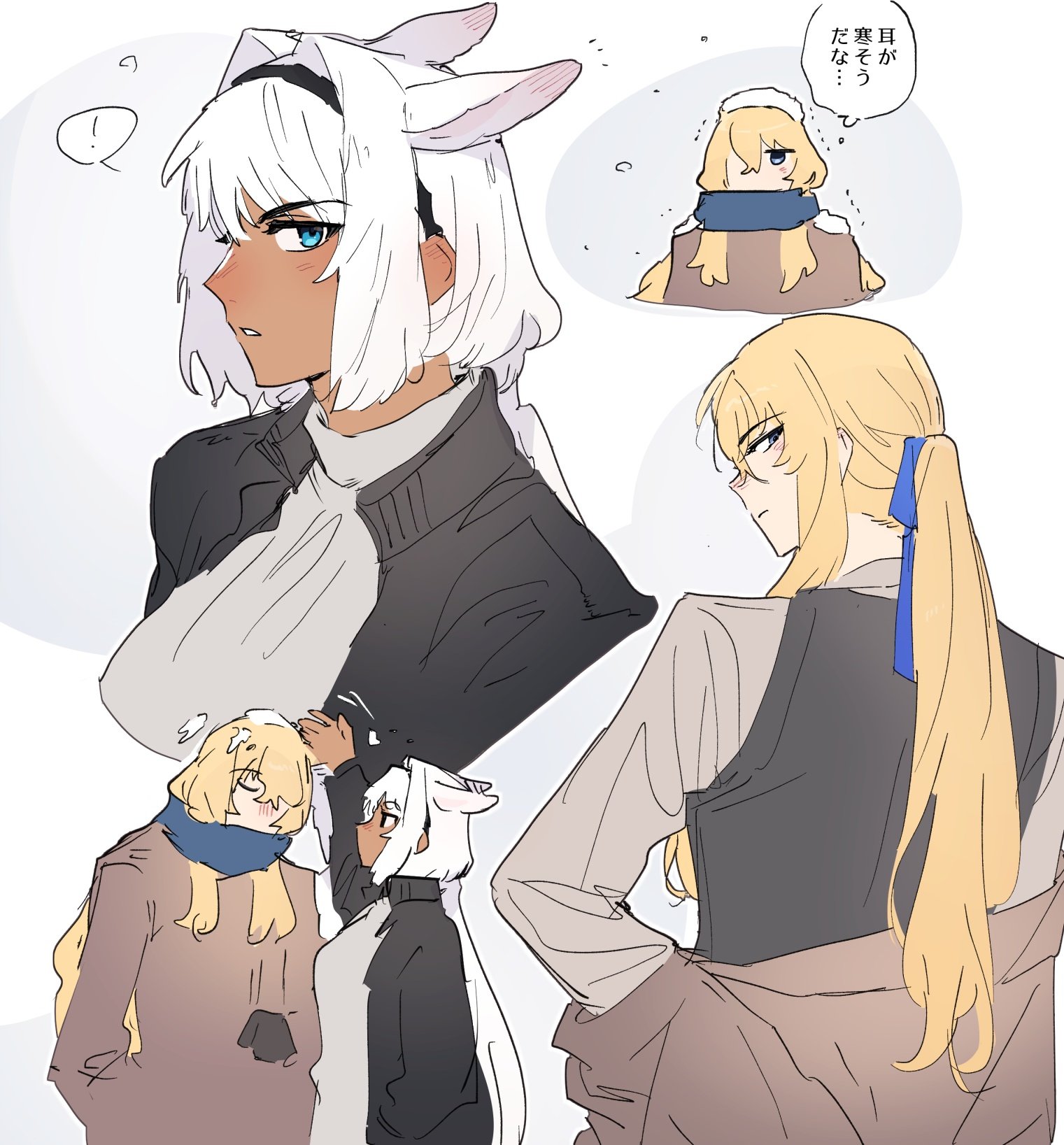 sabamori, caenis (fate), kirschtaria wodime, fate/grand order, fate (series), highres, translated, !, 1boy, 1girl, alternate costume, animal ears, arm up, black gloves, black hairband, black jacket, black vest, blonde hair, blue eyes, blue ribbon, blue scarf, brown jacket, dark-skinned female, dark skin, extra ears, gloves, grey shirt, hair between eyes, hair intakes, hair ribbon, hairband, horse ears, jacket, light blush, long hair, long sleeves, looking at another, looking at viewer, multiple views, official alternate hairstyle, open clothes, open jacket, parted lips, ponytail, ribbon, scarf, shirt, sketch, snow, snow on head, spoken exclamation mark, vest, white background, white hair