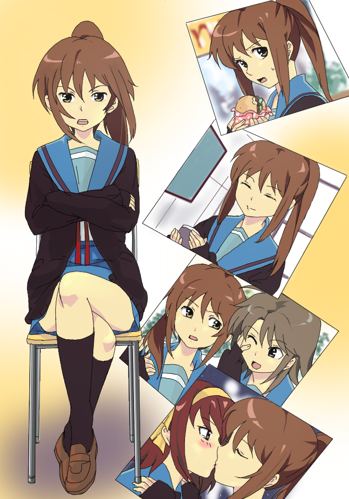 koizumi itsuki, koizumi itsuki (female), kyon, kyonko, suzumiya haruhi, suzumiya haruhi no yuuutsu, gender request, non-web source, 00s, 3girls, genderswap, kiss, multiple girls, ponytail, school uniform, serafuku, sitting, yuri