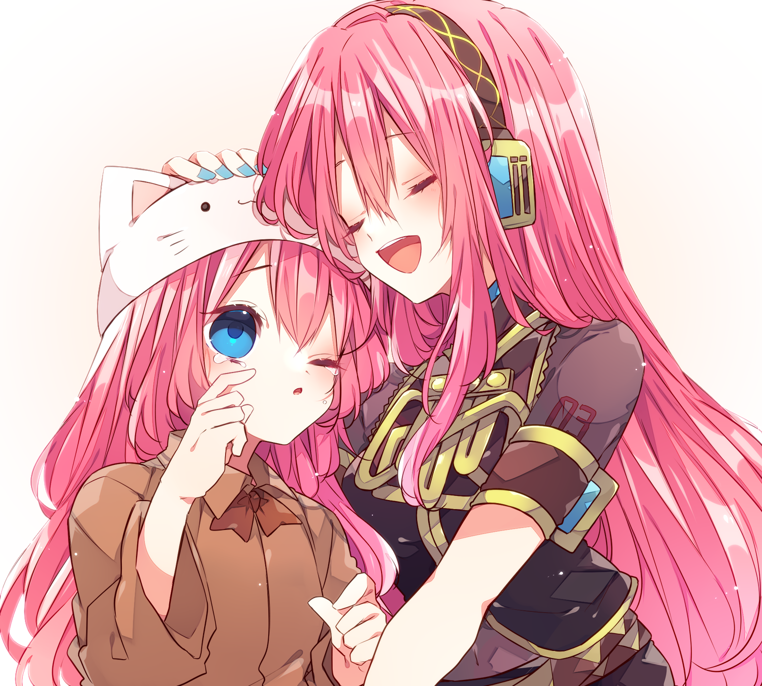 kaho 0102, megurine luka, vocaloid, commentary request, highres, 2girls, :d, ;o, animal hat, blue eyes, blush, bow, bowtie, brown bow, brown bowtie, brown shirt, cat hat, closed eyes, collared shirt, double-parted bangs, hair between eyes, hand on another's head, hand up, hat, headphones, hug, long hair, long sleeves, multiple girls, number tattoo, one eye closed, open mouth, pink hair, see-through clothes, see-through sleeves, shirt, short sleeves, shoulder tattoo, simple background, smile, tattoo, tears, upper body, white background, white hat