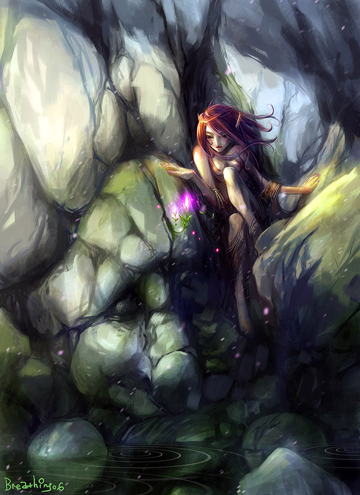 breathing2004, 1girl, breath, dress, elf, fantasy, female focus, flower, pointy ears, red hair, solo