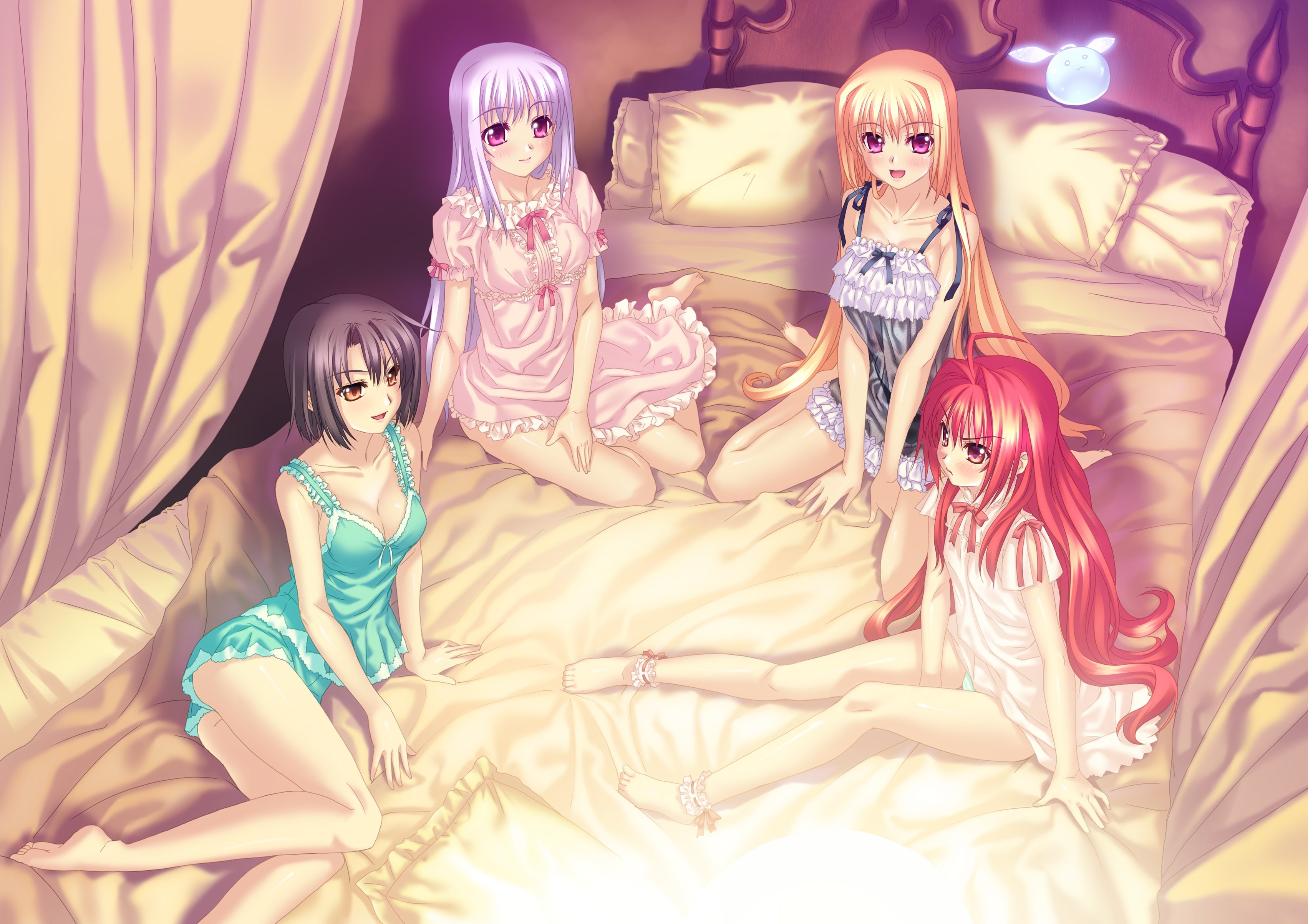 absurdres, highres, tagme, 4girls, bed, long hair, multiple girls