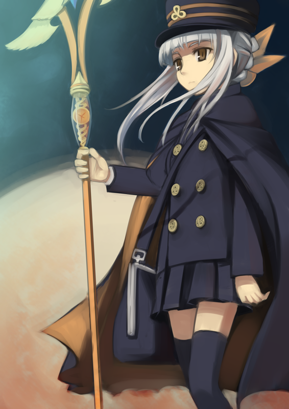 tatsukichi, fumika, kanaka, shigofumi, silver hair, 00s, bag, brown eyes, cape, hat, satchel, shako cap, staff, thighhighs