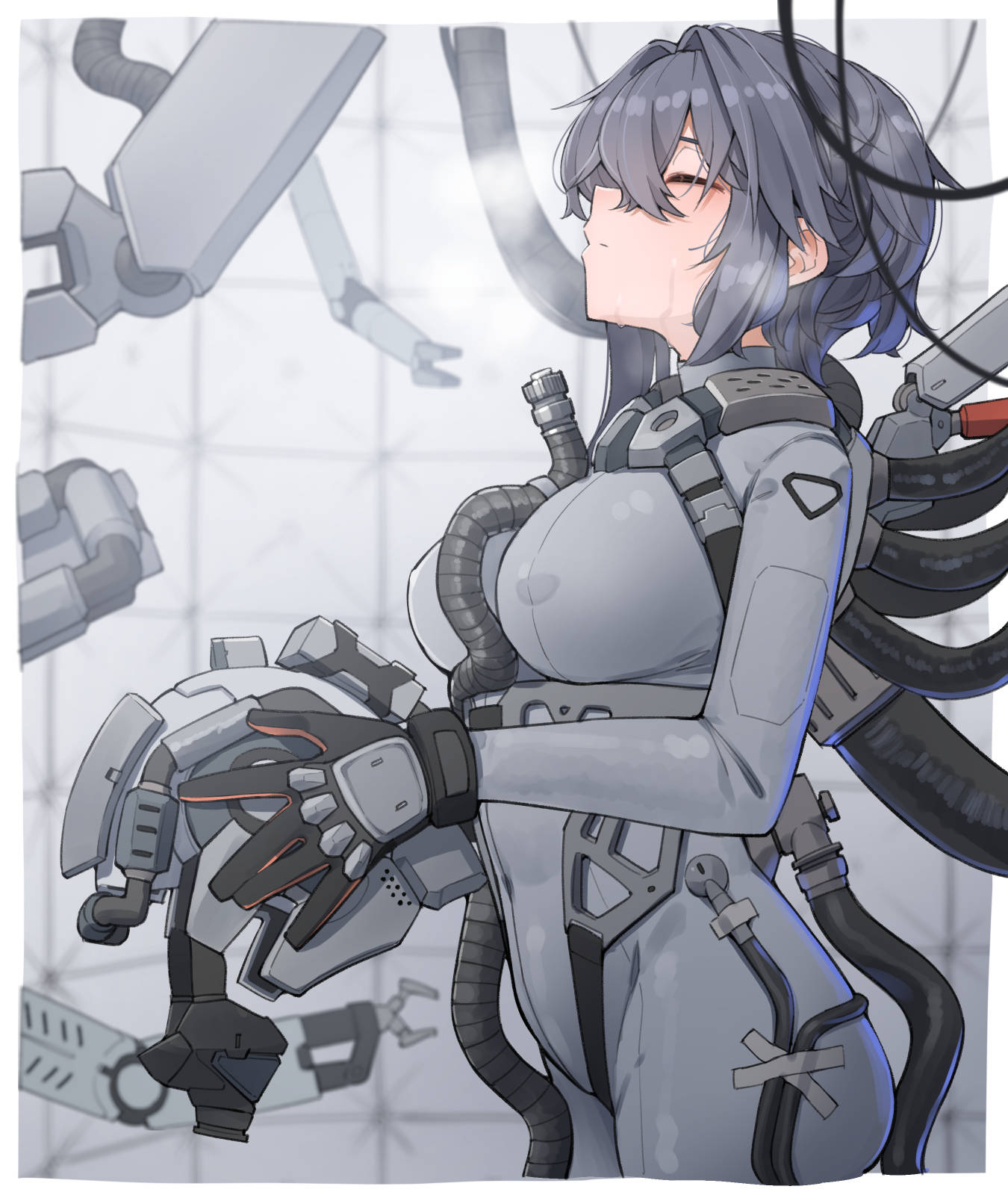 ringobatake, original, highres, bodysuit, border, cable, closed eyes, covered erect nipples, cowboy shot, gloves, grey bodysuit, grey hair, harness, helmet, machinery, mechanical arms, medium hair, science-fiction, skin tight, steam, sweat, tape, tube, unworn headwear, unworn helmet, white border