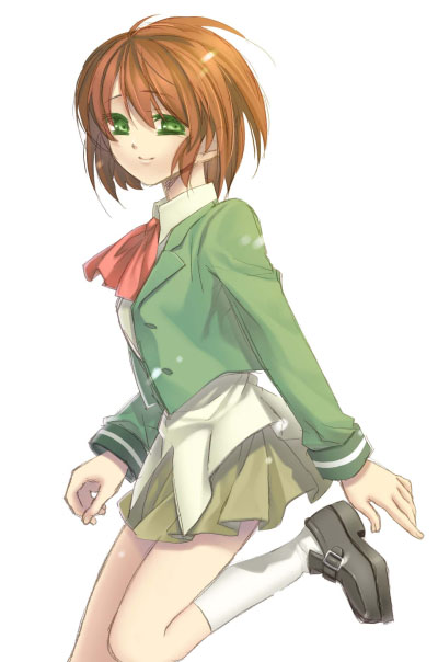 nyanmiso, 1girl, brown hair, female focus, green eyes, green skirt, school uniform, serafuku, short hair, skirt, solo