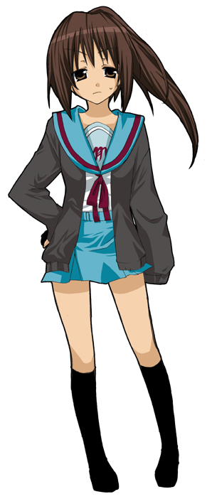yusya, kyon, kyonko, suzumiya haruhi no yuuutsu, 00s, 1girl, cardigan, female focus, full body, genderswap, genderswap (mtf), long sleeves, ponytail, school uniform, serafuku, simple background, solo