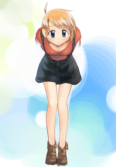 ikeda jun (mizutamari), original, 1girl, black skirt, blonde hair, blue eyes, blush, brown shoes, female focus, legs, looking at viewer, red shirt, shirt, shoes, skirt, solo