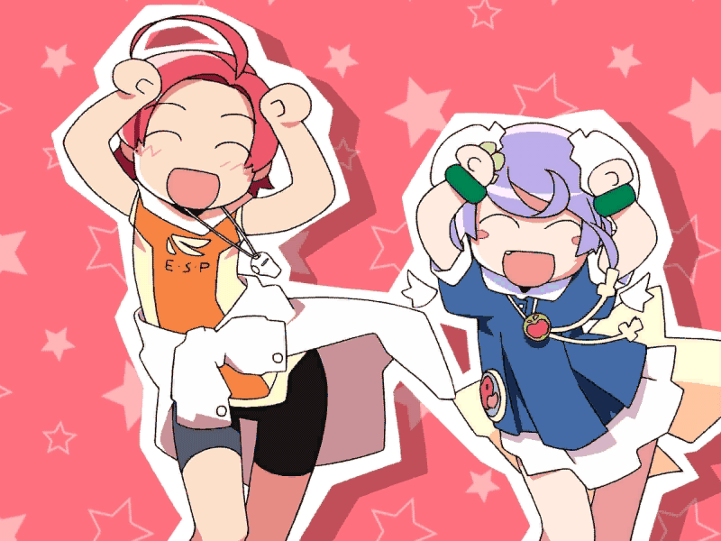 watanabe akio, mai (popotan), mii (popotan), popotan, animated, animated gif, anime screenshot, 00s, 2girls, ahoge, badge, bandaid, bandaid on knee, bandaid on leg, bike shorts, blush stickers, bun cover, button badge, caramelldansen, clothes around waist, double bun, hair bun, jacket, jacket around waist, miniskirt, multiple girls, purple hair, red hair, skirt, whistle
