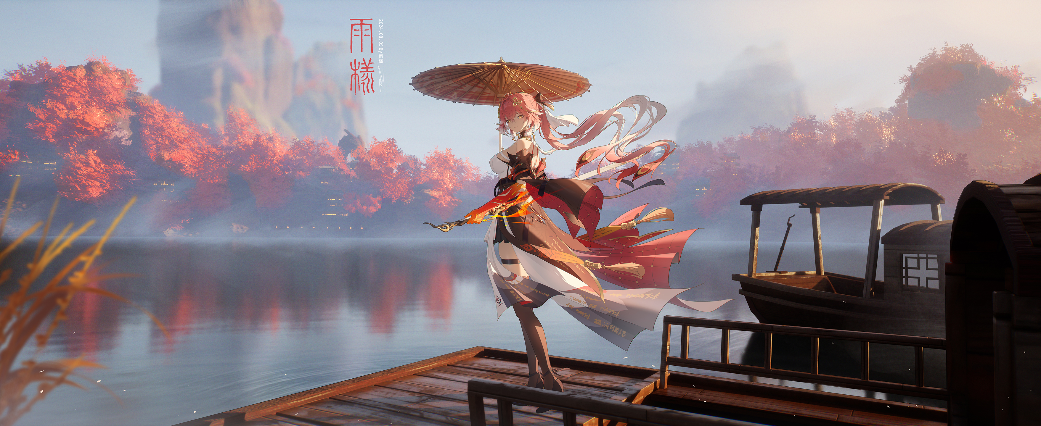 rain sama, changli (wuthering waves), wuthering waves, absurdres, highres, 1girl, back peek, bare shoulders, black bow, black jacket, black shoes, black sleeves, black thighhighs, bow, braid, breasts, closed mouth, colored extremities, dated, detached sleeves, dress, feather hair, from side, full body, hair between eyes, hair bow, hair extensions, hair ornament, high heels, holding, holding sword, holding umbrella, holding weapon, jacket, large breasts, logo, long hair, looking at viewer, missing commentary, multicolored hair, oil-paper umbrella, outdoors, pink hair, ponytail, red hands, reflection, reflective water, ring hair extensions, shoes, sidelocks, smile, solo, standing, sword, thigh strap, thighhighs, two-tone hair, umbrella, very long hair, weapon, white bow, white dress, white hair, wide shot, yellow eyes