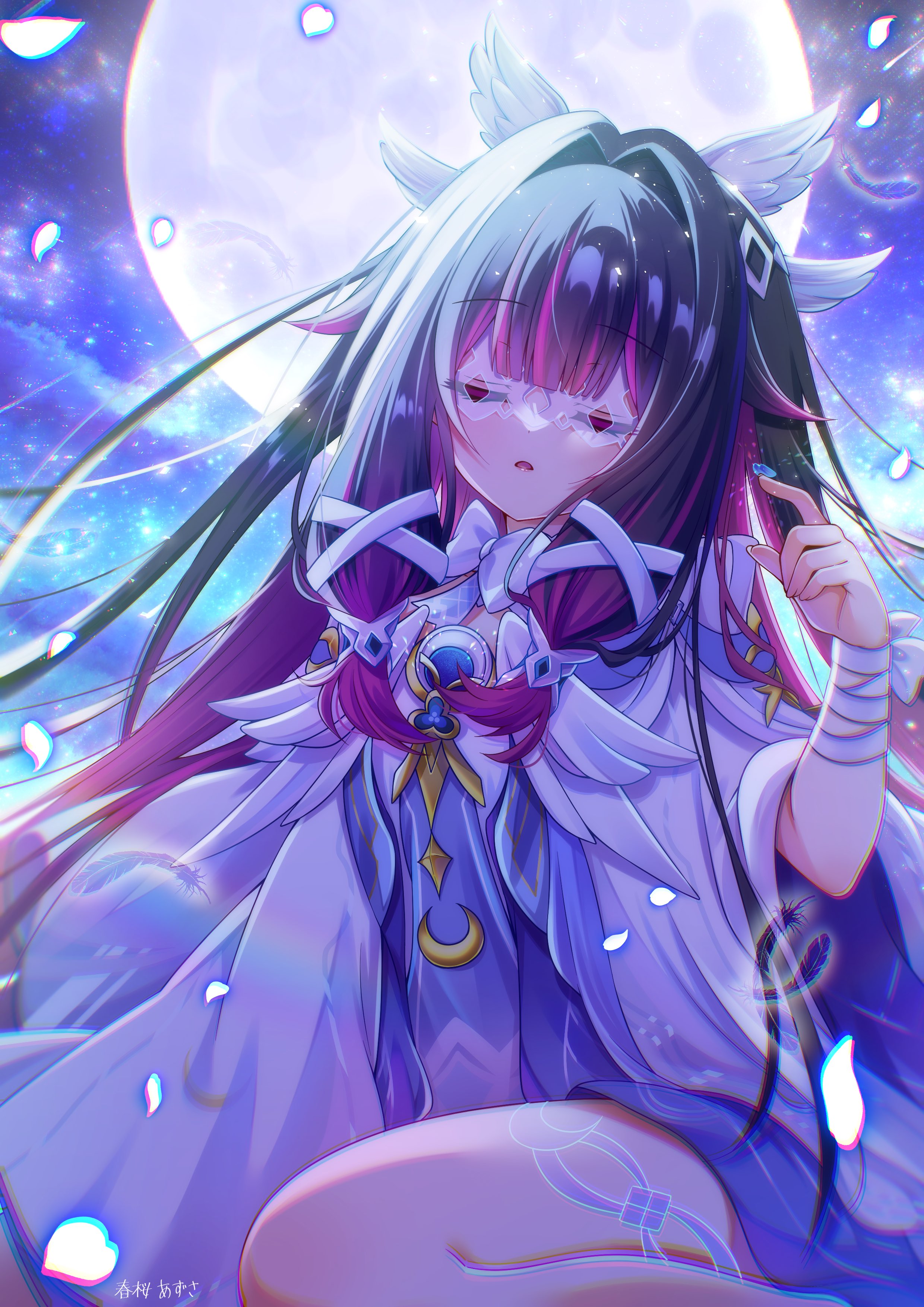 168 azusa, columbina (genshin impact), genshin impact, absurdres, highres, 1girl, angel wings, black hair, blunt bangs, bow, chromatic aberration, cowlick, crescent ornament, dress, eye mask, eyelashes, facing viewer, falling feathers, falling petals, feathered wings, feathers, full moon, hair intakes, hair ribbon, hair tubes, hand up, head wings, layered sleeves, long hair, long sleeves, male underwear, mask, moon, multicolored hair, multiple wings, open mouth, outdoors, petals, pink hair, purple sleeves, ribbon, see-through clothes, see-through mask, sitting, sky, solo, star (sky), starry sky, streaked hair, thigh strap, tress ribbon, underwear, wariza, white bow, white dress, white male underwear, white petals, white ribbon, white sleeves, white wings, wide sleeves, wing ornament, wings, wrist bow
