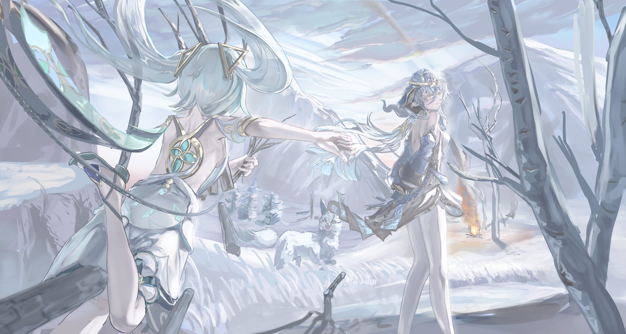 faruzan (genshin impact), layla (genshin impact), highres, 2girls, animal, animal ears, bare shoulders, black gloves, blue hair, blue hood, blush, breasts, cleavage, cloud, cloudy sky, detached sleeves, drill hair, drill sidelocks, fire, fox, fox ears, fox tail, gloves, gold choker, green hair, hair between eyes, heart, holding, hood, hood up, jewelry, large breasts, long hair, long sleeves, looking ahead, looking at another, looking at viewer, looking back, mountain, multiple girls, neck ring, open mouth, puffy sleeves, running, sidelocks, simple background, sky, solo, symbol-shaped pupils, tail, tree, twin drills, upper body, uwaaatsutsuaa, very long hair, white background, white hair, yellow eyes