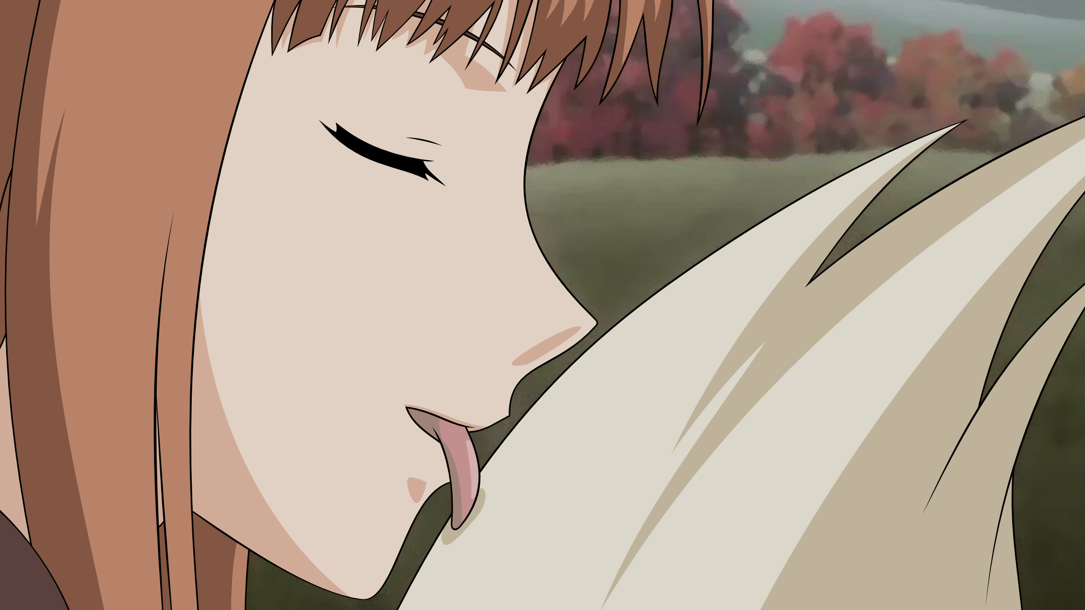 holo, spice and wolf, highres, 00s, 1girl, brown hair, close-up, closed eyes, female focus, grass, licking, long hair, outdoors, sexually suggestive, solo, tail, tongue, wolf, wolf tail