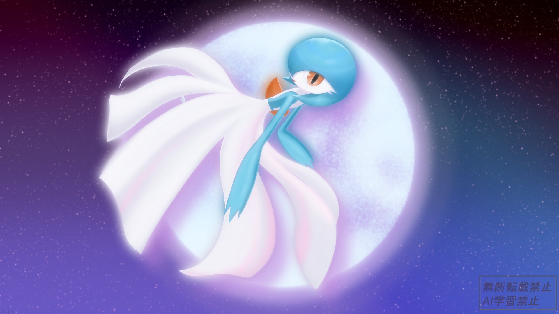 gardevoir, nintendo, pokemon, highres, alternate color, blue hair, blue skin, bob cut, colored skin, dress, full moon, gen 3 pokemon, hair over one eye, looking at viewer, moon, multicolored skin, night, night sky, orange eyes, pokemon (creature), shiny pokemon, sky, solohanoted, two-tone skin, white dress, white skin