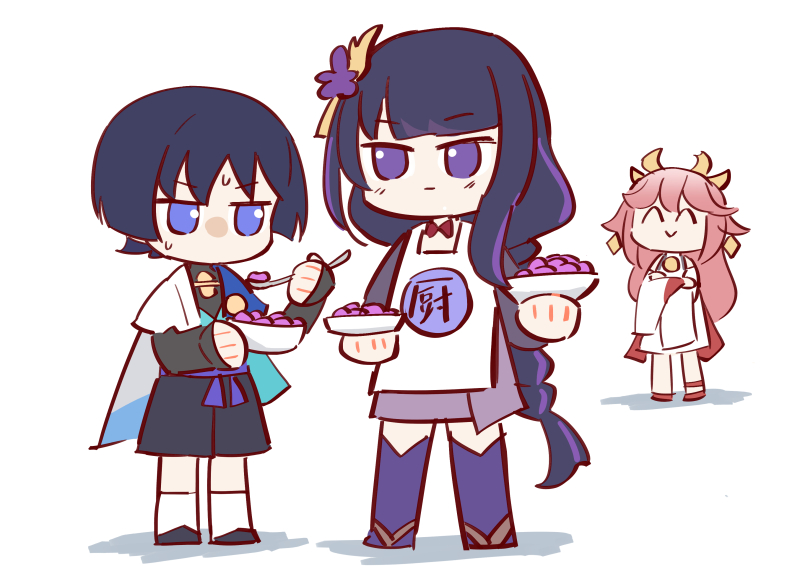 mzxiaxi, raiden shogun, scaramouche (genshin impact), wanderer (genshin impact), yae miko, genshin impact, translation request, 1boy, 2girls, ^v^, apron, black bodysuit, black bridal gauntlets, black hair, black shorts, blue cape, blue kimono, blunt bangs, blunt ends, bodysuit, bowl, bridal gauntlets, cape, crossed arms, earrings, facing another, flower, food, full body, furisode, hair flower, hair ornament, hands up, height difference, holding, holding bowl, holding spoon, japanese clothes, jewelry, juban, kimono, leg warmers, light blush, long hair, looking at another, low-braided long hair, low-tied long hair, mother and son, multicolored hair, multiple girls, no mouth, nontraditional miko, pink hair, purple eyes, purple flower, purple hair, purple thighhighs, short sleeves, shorts, single sidelock, spoon, standing, streaked hair, sweat, thighhighs, white apron, white background, white kimono, wide sleeves, wispy bangs