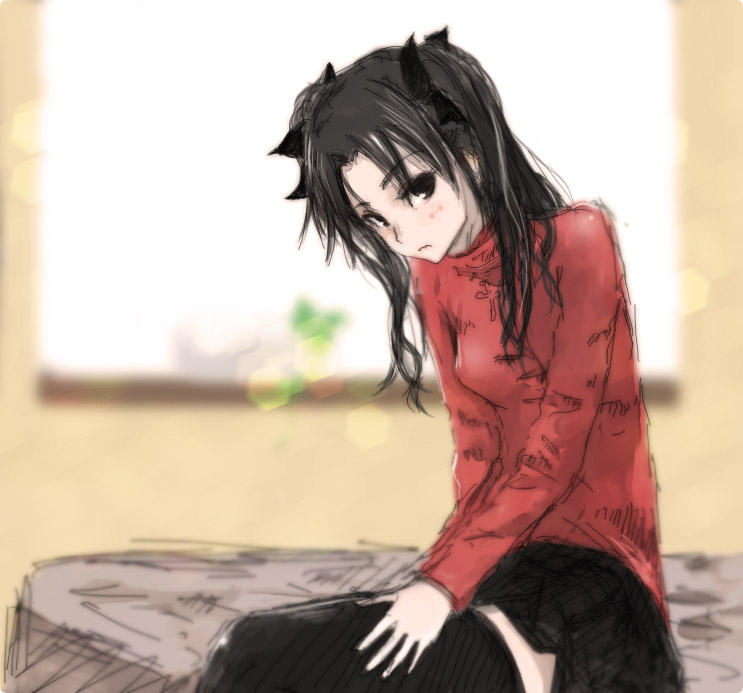 koromoya, tohsaka rin, fate/stay night, fate (series), 00s, 1girl, bed, black eyes, black hair, bow, female focus, hair bow, lens flare, long hair, sitting, sketch, solo, sweater, thighhighs, turtleneck, turtleneck sweater, zettai ryouiki