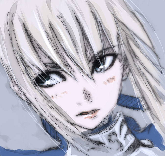 koromoya, artoria pendragon (fate), saber (fate), fate/stay night, fate (series), 00s, armor, blonde hair, blue eyes, lips, portrait, ribbon, sketch, solo