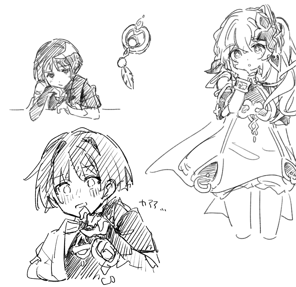 nahida (genshin impact), scaramouche (genshin impact), wanderer (genshin impact), genshin impact, 1boy, 1girl, arm at side, armlet, armor, bloomers, blush, bracelet, bridal gauntlets, cape, closed mouth, covered collarbone, cropped legs, cropped torso, cross-shaped pupils, detached sleeves, dress, elbow rest, embarrassed, feathers, full body, gem, greyscale, hair between eyes, hair ornament, half crown braid, hand on own face, hand up, hatching (texture), hatsu q, head rest, heart, heart hair ornament, japanese armor, japanese clothes, jewelry, kimono, kote, leaf, leaf hair ornament, light blush, linear hatching, long hair, looking at viewer, monochrome, open clothes, open kimono, open mouth, pom pom (clothes), shoulder peek, side ponytail, sidelocks, sketch, symbol-shaped pupils, underwear, vision (genshin impact), white background, wide-eyed, wispy bangs
