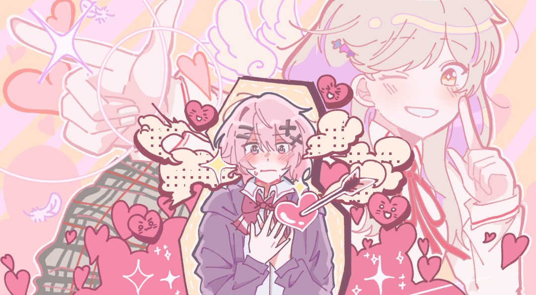 amaori renako, sena ajisai, watashi ga koibito ni nareru wake naijan murimuri!, 2girls, ;d, arrow through heart, ashigaya high school uniform, blonde hair, blush, bow, bowtie, brown hair, closed mouth, collared shirt, finger gun, finger to face, flower hairpin, hair ornament, hairclip, heart, jacket, jia y10, long hair, long sleeves, multiple girls, neck ribbon, one eye closed, open mouth, parallel hairclips, pink hair, plaid clothes, plaid skirt, purple eyes, red bow, red bowtie, red ribbon, ribbon, school uniform, shirt, short hair, skirt, smile, swept bangs, white shirt, x hair ornament, yuri