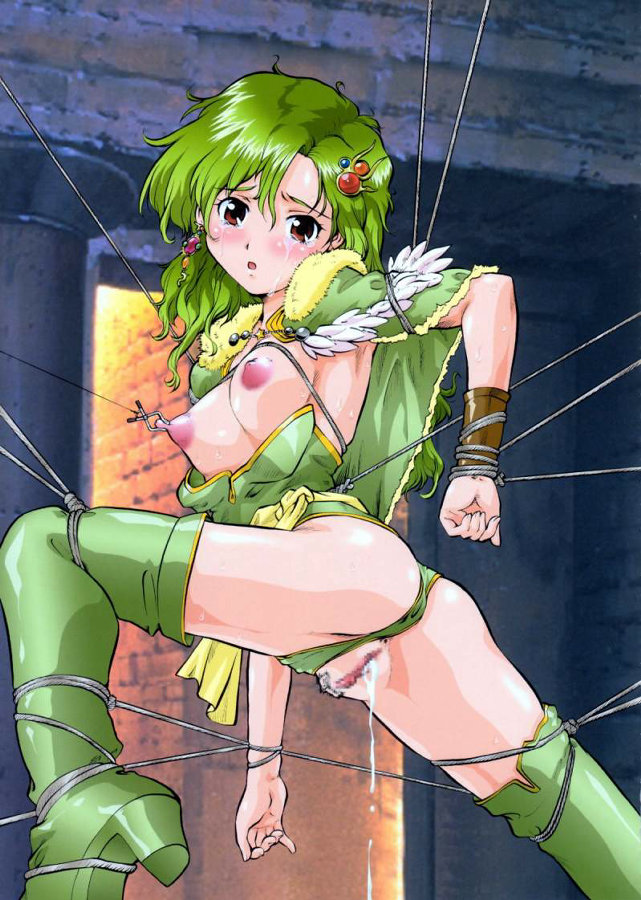 umedama nabu, rydia (ff4), final fantasy, final fantasy iv, square enix, 1990s (style), 1girl, ass, bdsm, blush, bondage, boots, bound, breasts, brown eyes, censored, earrings, female focus, green hair, jewelry, nipples, pussy, pussy juice, retro artstyle, solo, tears, thigh boots, thighhighs
