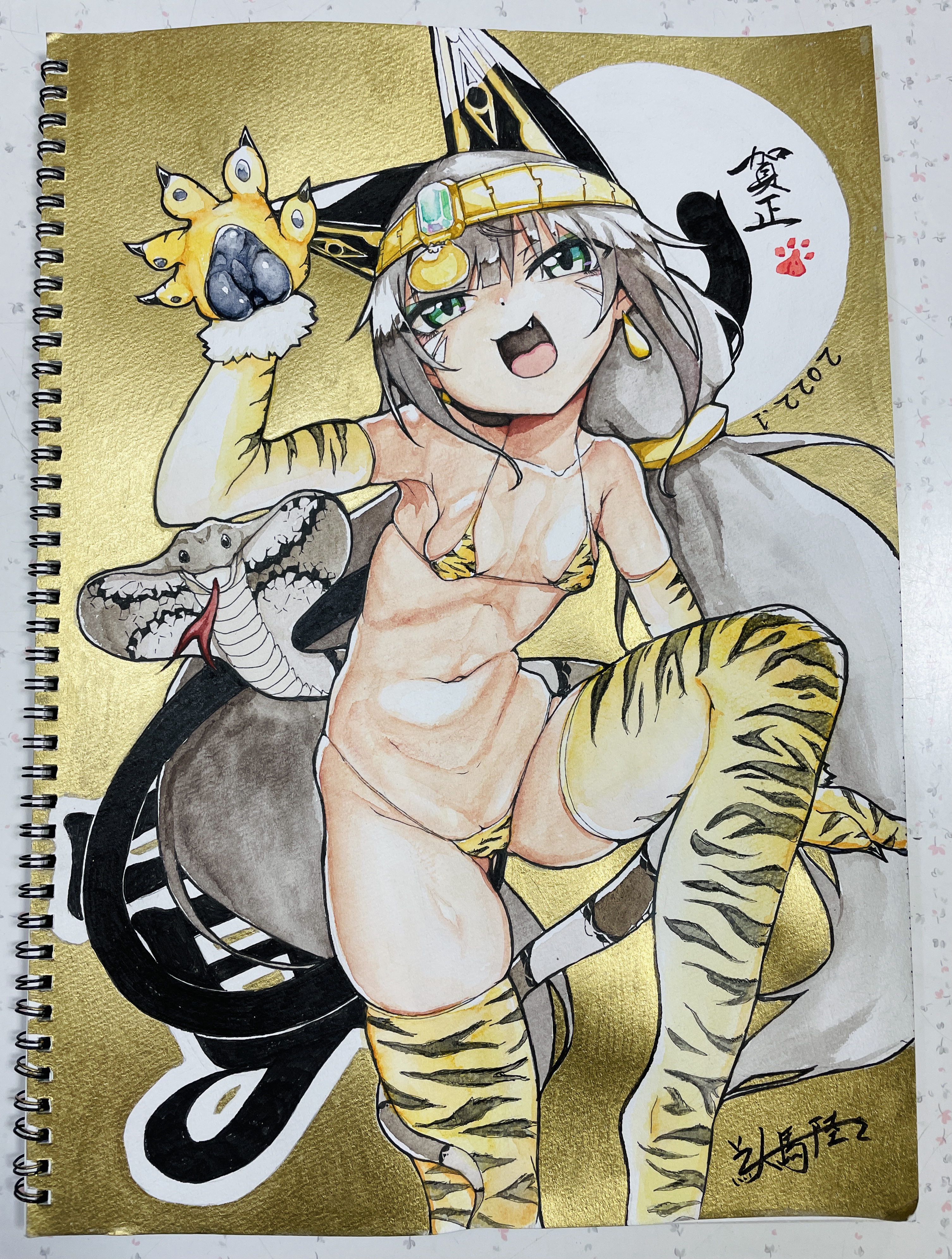 dai yasude, original, absurdres, highres, painting (medium), photo (medium), traditional media, watercolor (medium), 1girl, ancient egyptian, animal hands, animal print, bikini, black eyes, breasts, chinese zodiac, cobra (animal), dark-skinned female, dark skin, elbow gloves, gloves, grey hair, long hair, looking at viewer, low twintails, micro bikini, navel, nengajou, new year, open mouth, paw gloves, print bikini, small breasts, smile, solo, standing, standing on one leg, suez-chan, swimsuit, tail, thighhighs, tiger print, twintails, very long hair, year of the tiger