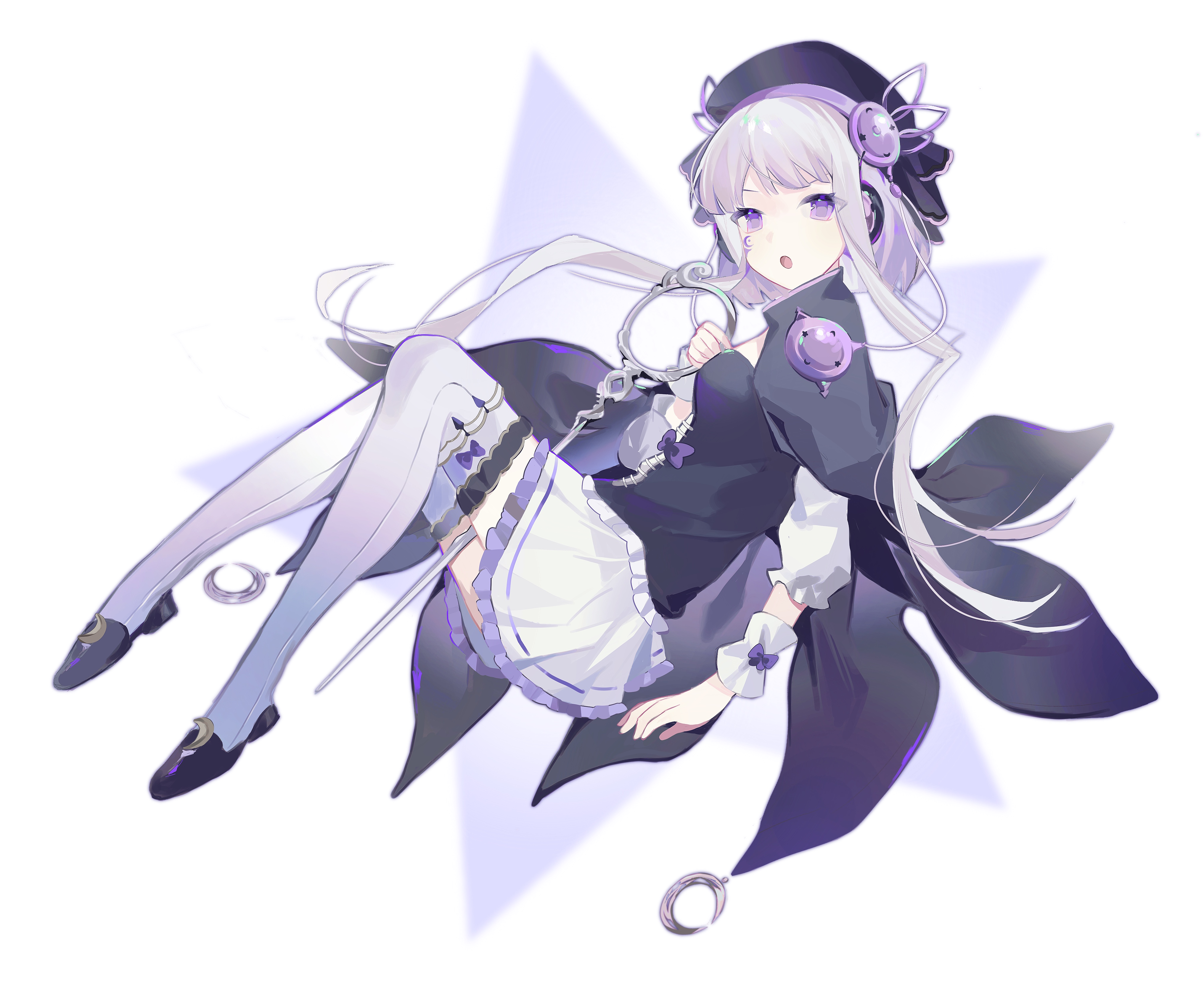 luna (arcaea), arcaea, absurdres, highres, 1girl, :o, beret, black bow, black cape, black hat, black ribbon, black shirt, boots, bow, buttons, cable, cape, crescent, curly hair, facial tattoo, frilled sleeves, frilled thighhighs, frills, full body, hat, large buttons, layered skirt, leg ribbon, long hair, miniskirt, pleated skirt, purple bow, purple eyes, purple shoes, purple skirt, purple thighhighs, ribbon, scissors, shirt, shoes, shorts, skirt, solo, straight hair, tattoo, thigh boots, thigh strap, thighhighs, v-shaped eyebrows, white background, white hair, white thighhighs, wrist cuffs, xianyuww