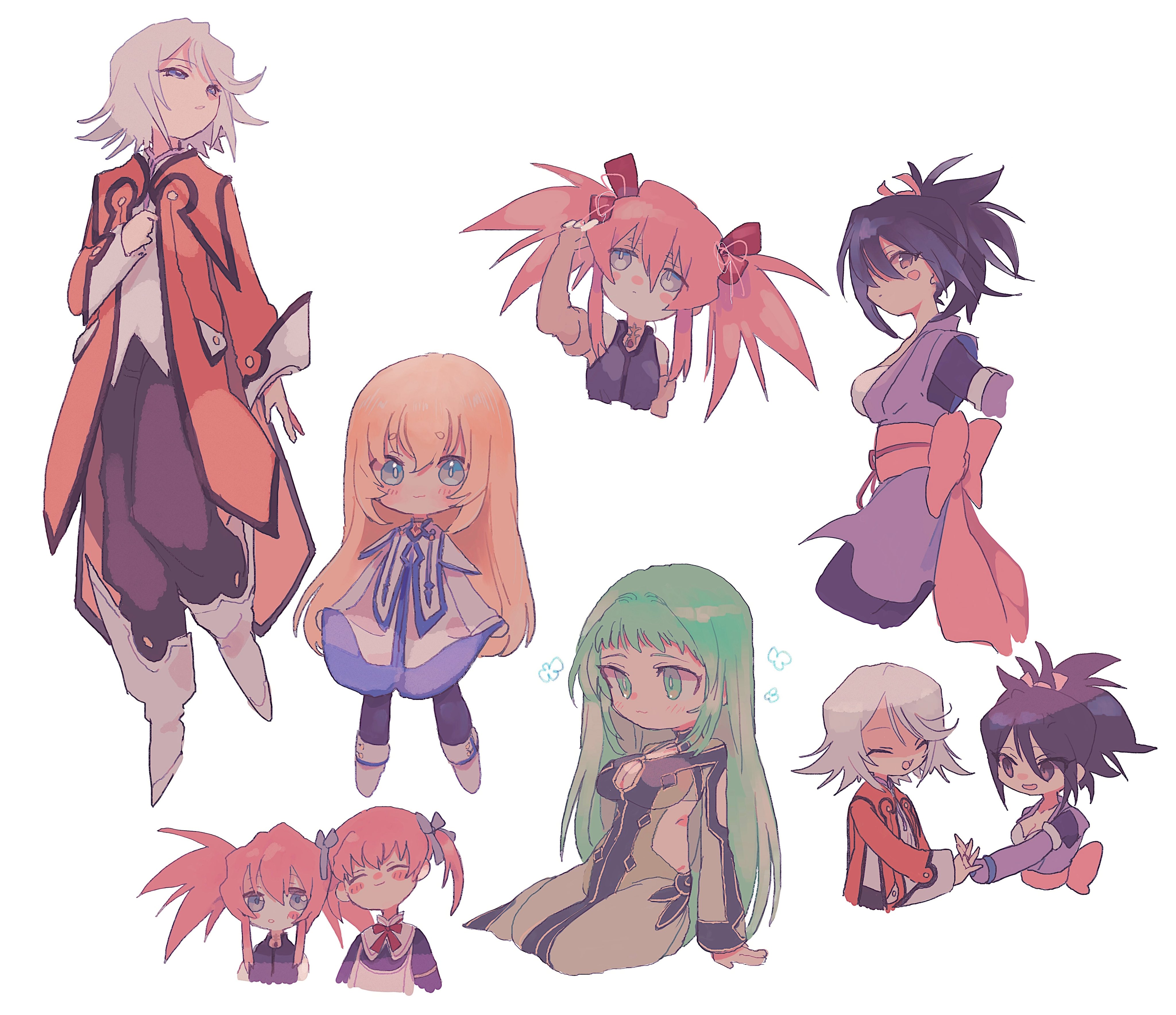 nancykittyu, alicia combatir, colette brunel, fujibayashi sheena, martel (tales), presea combatir, raine sage, tales of (series), tales of symphonia, absurdres, highres, alternate hair ornament, ankle boots, apron, back bow, black dress, black hair, black leggings, black pants, black trim, blonde hair, blue eyes, blue ribbon, blue trim, blunt bangs, boots, bow, brown eyes, chest jewel, chibi, cleavage cutout, clothing cutout, coat, detached sleeves, dress, elbow gloves, false smile, fingerless gloves, from side, gloves, gold choker, green dress, green eyes, green hair, grey gloves, hair intakes, hair ornament, high ponytail, interlocked fingers, jacket, japanese clothes, kimono, leggings, light blush, long hair, looking afar, looking at viewer, looking up, maid apron, motoyui, multiple girls, multiple views, nervous smile, orange coat, pants, pink bow, pink hair, pink ribbon, pink sash, ponytail, purple kimono, purple sleeves, red ribbon, ribbon, sash, shirt, sidelocks, sleeve cuffs, sleeveless, sleeveless dress, smile, spiked hair, swept bangs, twintails, white background, white boots, white dress, white hair, white jacket, white shirt