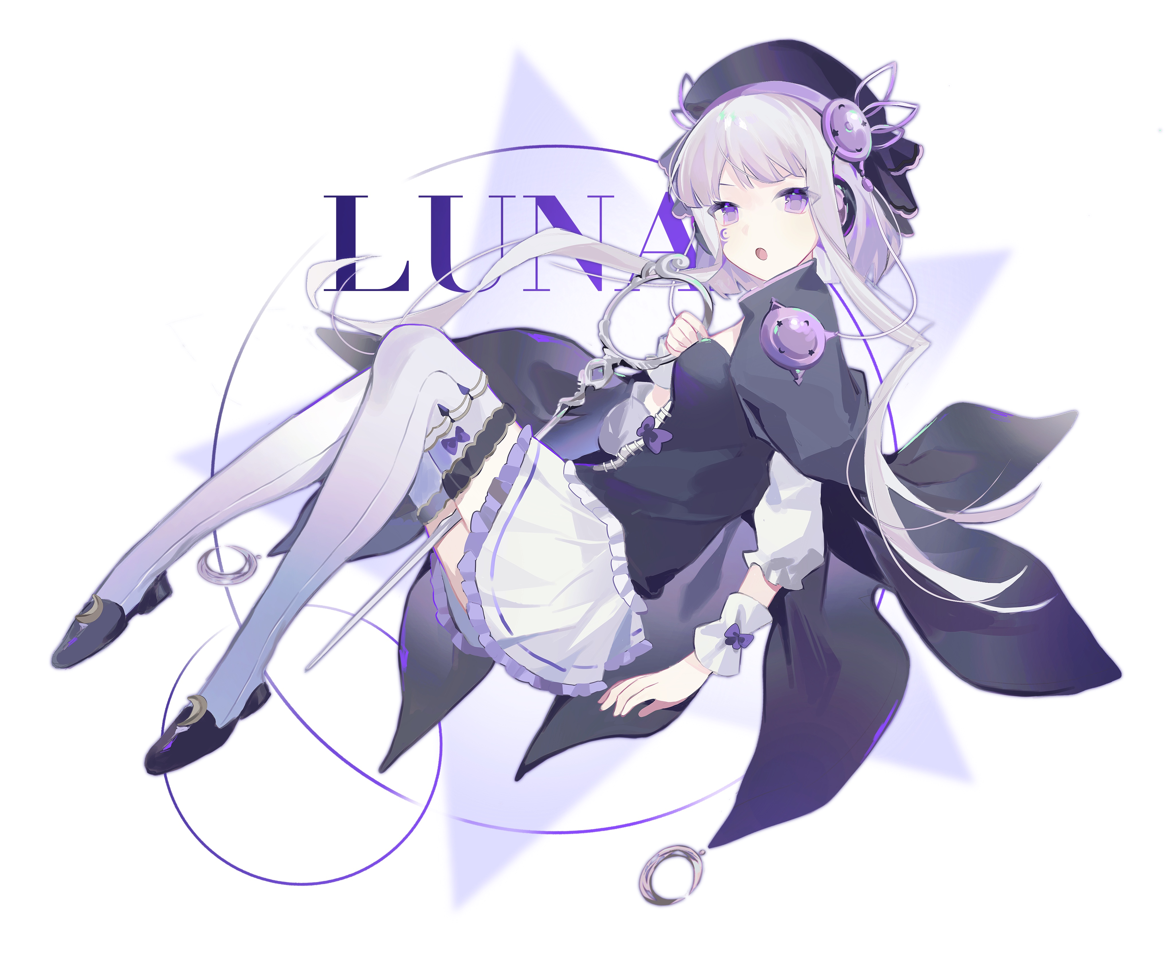 luna (arcaea), arcaea, absurdres, highres, 1girl, :o, beret, black bow, black cape, black hat, black ribbon, black shirt, boots, bow, buttons, cable, cape, crescent, curly hair, english text, facial tattoo, frilled sleeves, frilled thighhighs, frills, full body, hat, large buttons, layered skirt, leg ribbon, long hair, miniskirt, pleated skirt, purple bow, purple eyes, purple shoes, purple skirt, purple thighhighs, ribbon, scissors, shirt, shoes, shorts, skirt, solo, straight hair, tattoo, thigh boots, thigh strap, thighhighs, v-shaped eyebrows, white background, white hair, white thighhighs, wrist cuffs, xianyuww