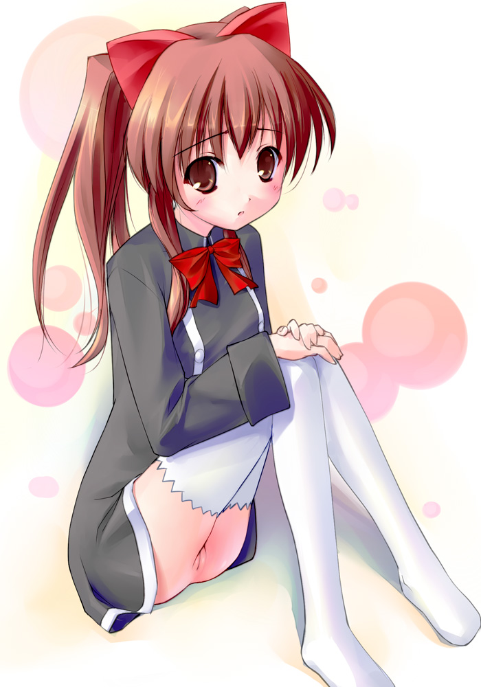 aloe, aloe (quiz magic academy), quiz magic academy, artist request, 1girl, :o, black dress, blush, bow, bowtie, brown eyes, brown hair, dress, female focus, hands on own knees, loli, long hair, looking at viewer, no panties, parted lips, ponytail, pussy, ribbon, school uniform, serafuku, sitting, solo, thighhighs, uncensored, upskirt, white thighhighs