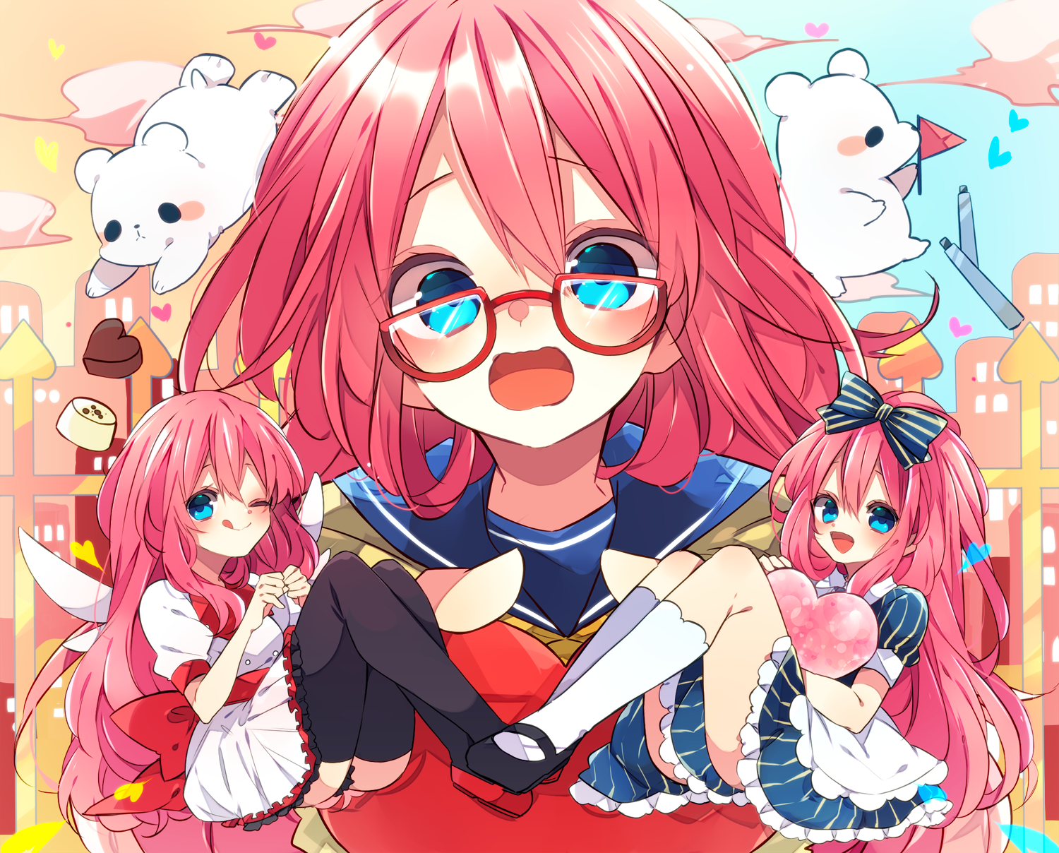 kaho 0102, megurine luka, vocaloid, commentary request, highres, 3girls, :d, ;q, bear, bespectacled, black shoes, black thighhighs, blue bow, blue dress, blue eyes, blue sailor collar, blush, bow, closed mouth, double-parted bangs, dress, flag, frilled dress, frills, glasses, hair between eyes, hair bow, heart, long hair, looking at viewer, multiple girls, multiple persona, one eye closed, open mouth, pink hair, red-framed eyewear, red shoes, sailor collar, shirt, shoes, short sleeves, smile, socks, striped bow, striped clothes, striped dress, thighhighs, tongue, tongue out, white dress, white socks, white wings, wings, yellow shirt
