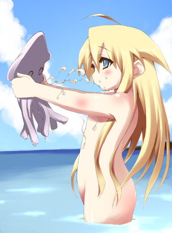 artist request, copyright request, 1girl, female focus, loli, long hair, nude, octopus, solo, water