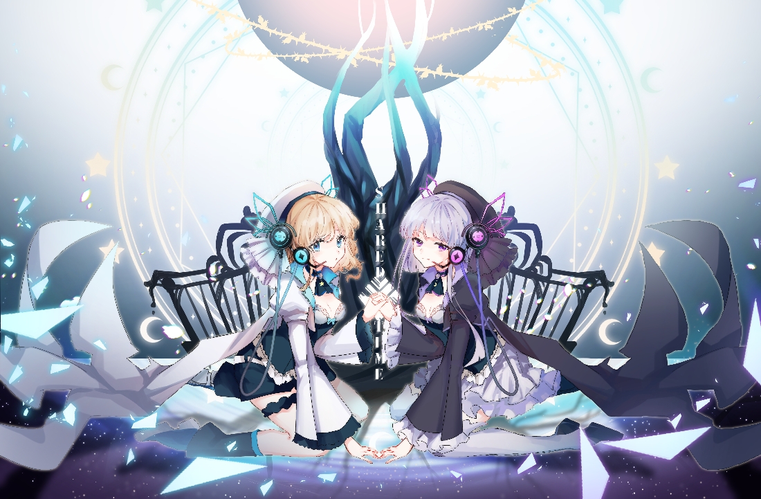 sonori, eto (arcaea), luna (arcaea), arcaea, 2girls, beret, black boots, black bow, black cape, black hat, black ribbon, black shirt, black shoes, black shorts, blonde hair, blue bow, blue eyes, blue shirt, boots, bow, buttons, cable, cape, crescent, curly hair, facial tattoo, frilled sleeves, frilled thighhighs, frills, full body, hat, interlocked fingers, large buttons, layered skirt, leg ribbon, long hair, long sleeves, miniskirt, multiple girls, pleated skirt, purple boots, purple bow, purple eyes, purple skirt, purple thighhighs, ribbon, scissors, shirt, shoes, short hair, shorts, siblings, skirt, squatting, star (symbol), star tattoo, straight hair, symmetry, tattoo, thigh boots, thigh strap, thighhighs, twins, white bow, white cape, white hair, white hat, wrist cuffs, yuri