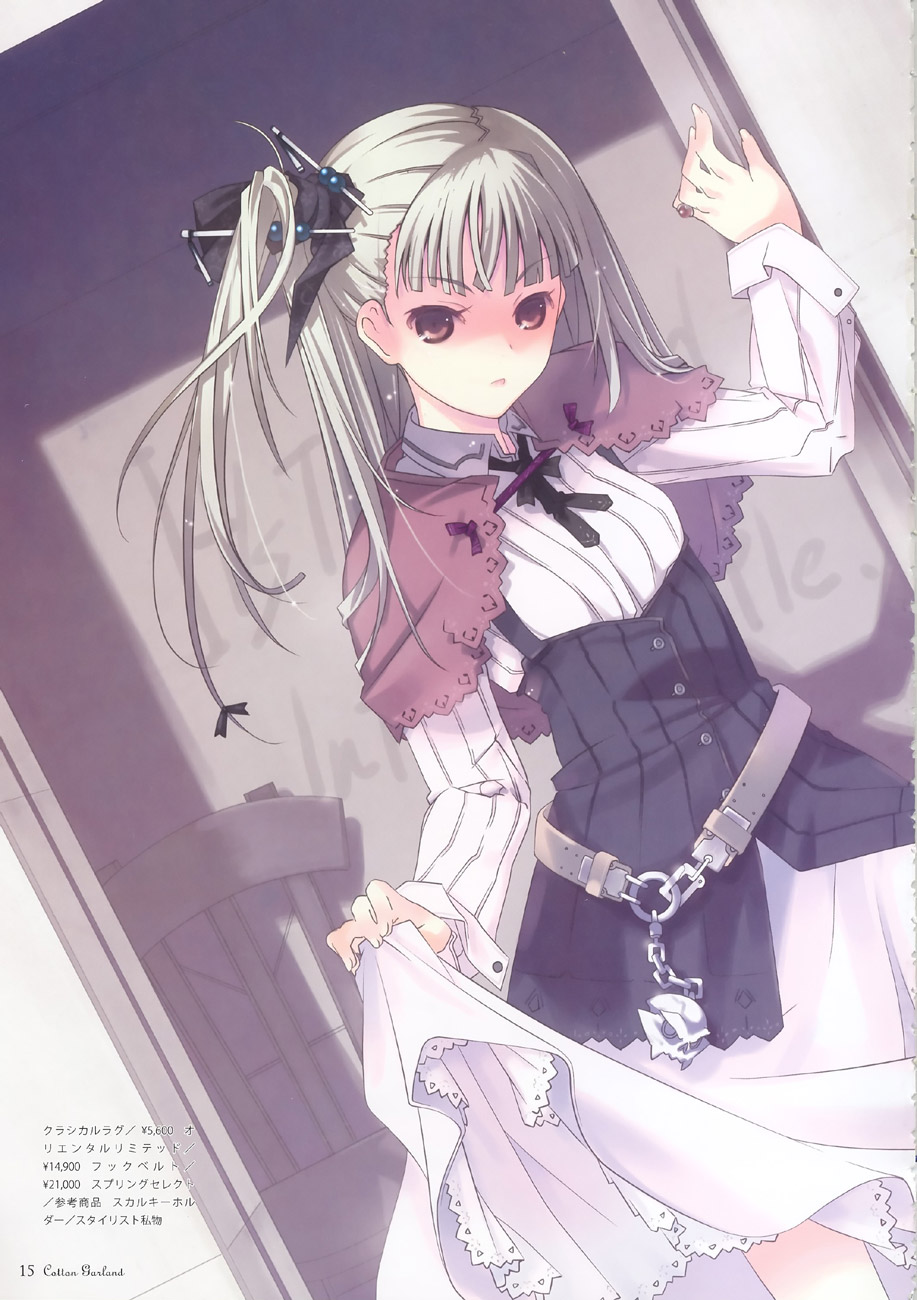 konoe ototsugu, highres, scan, belt, dress, dress lift, gothic lolita, lolita fashion, shawl, side ponytail