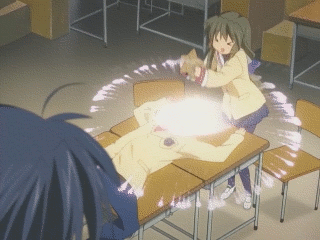 ibuki fuuko, okazaki tomoya, sunohara youhei, clannad, animated, animated gif, anime screenshot, lowres, > <, 00s, 1girl, 2boys, aerial fireworks, closed eyes, fireworks, long hair, multiple boys, pantyhose, qvga, ribbon, school uniform, serafuku, starfish, violence