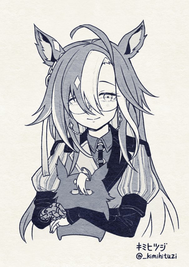 kimihitsuji, dream journey (umamusume), umamusume, 1girl, animal ears, eyewear strap, glasses, horse ears, horse girl, horse tail, lace, lace sleeves, single hair intake, tail
