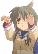 ibuki fuuko, michael jackson, clannad, thriller (michael jackson), animated, animated gif, lowres, 1girl, dancing, female focus, hat, long hair, monster mash, outstretched arms, parody, party hat, ribbon, school uniform, serafuku, solo, zombie pose