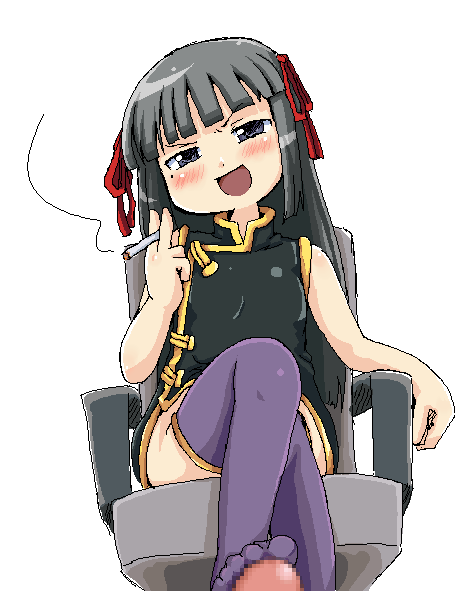 kaipo, 1girl, black hair, blunt bangs, blush, censored, chair, china dress, chinese clothes, cigarette, dress, feet, femdom, footjob, footjob with legwear, hime cut, loli, long hair, penis, purple thighhighs, sitting, smoking, solo focus, thighhighs