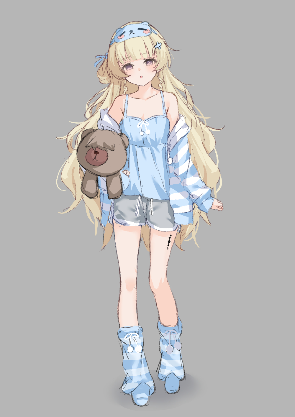 kuramoto beta-carotene, phoebe (wuthering waves), wuthering waves, commentary request, highres, 1girl, :o, alternate costume, bare shoulders, blonde hair, blue camisole, blue jacket, blue ribbon, blue socks, camisole, collarbone, full body, grey background, grey shorts, hair ornament, hair ribbon, holding, holding stuffed toy, jacket, long hair, looking at viewer, mask, mask on head, off shoulder, open clothes, open jacket, open mouth, purple eyes, ribbon, shorts, simple background, sleep mask, socks, solo, standing, striped clothes, striped jacket, stuffed animal, stuffed toy, tacet mark (wuthering waves), very long hair, x hair ornament