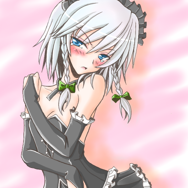 izayoi sakuya, touhou, silver hair, 1girl, braid, corset, female focus, maid, oekaki, short hair, solo, twin braids