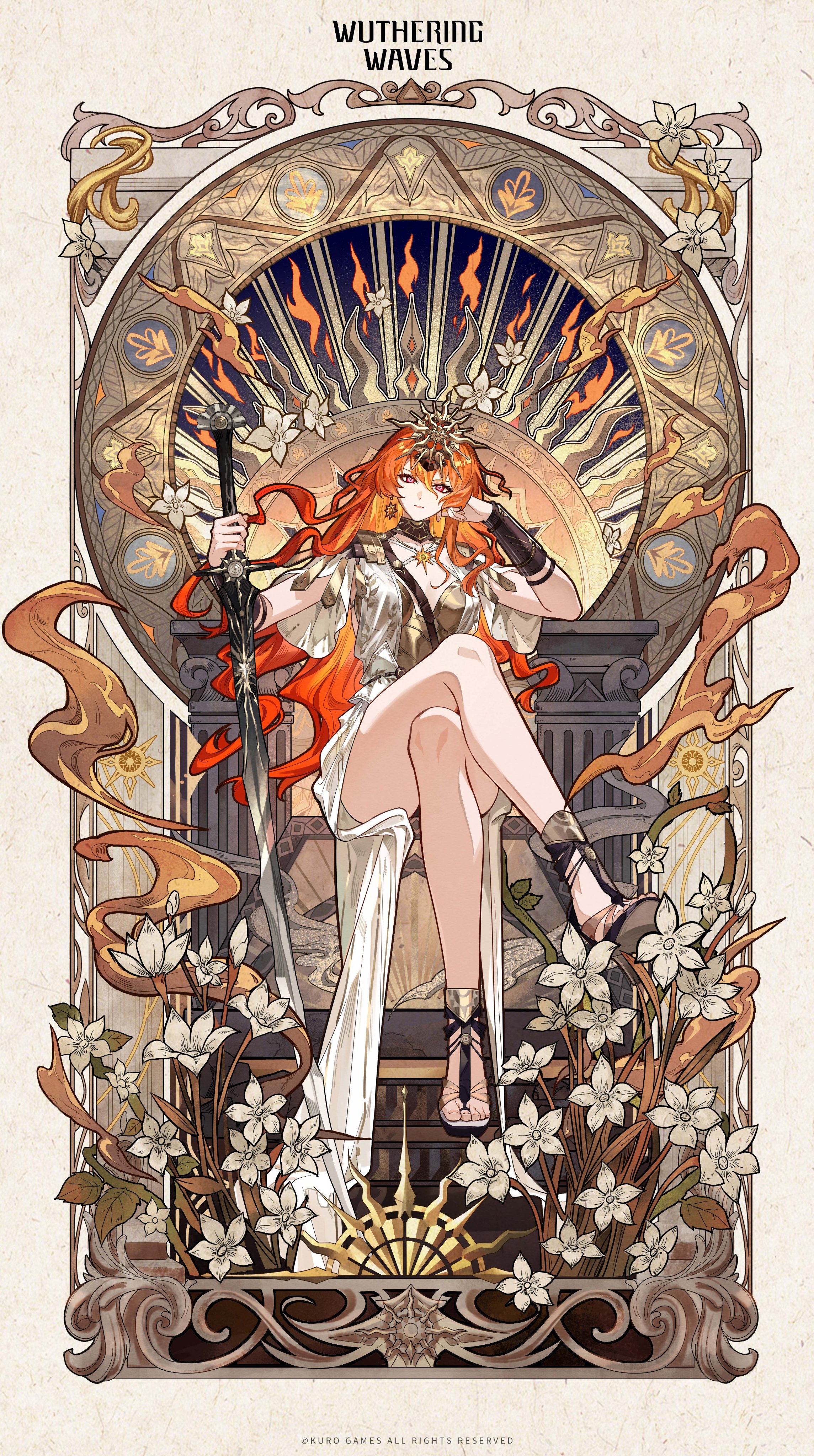 augusta (wuthering waves), wuthering waves, absurdres, commentary, english commentary, highres, official art, 1girl, ancient greek clothes, arm armor, bare legs, black collar, breasts, closed mouth, collar, colored inner hair, copyright notice, crossed legs, dress, earrings, greco-roman clothes, hair between eyes, head rest, headgear, high heels, holding, holding sword, holding weapon, jewelry, legs, logo, long hair, looking at viewer, medium breasts, multicolored hair, orange hair, red eyes, sitting, sitting on throne, solo, sun earrings, sword, thighs, toes, very long hair, weapon, white dress